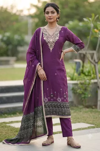 purple banarasi cotton ethnic partywear suit for girls