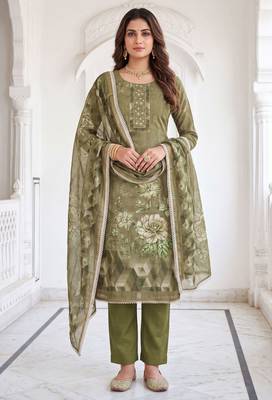mehendi shimmer linen cotton ceremonial suit for girls 1