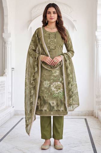 mehendi shimmer linen cotton ceremonial suit for girls