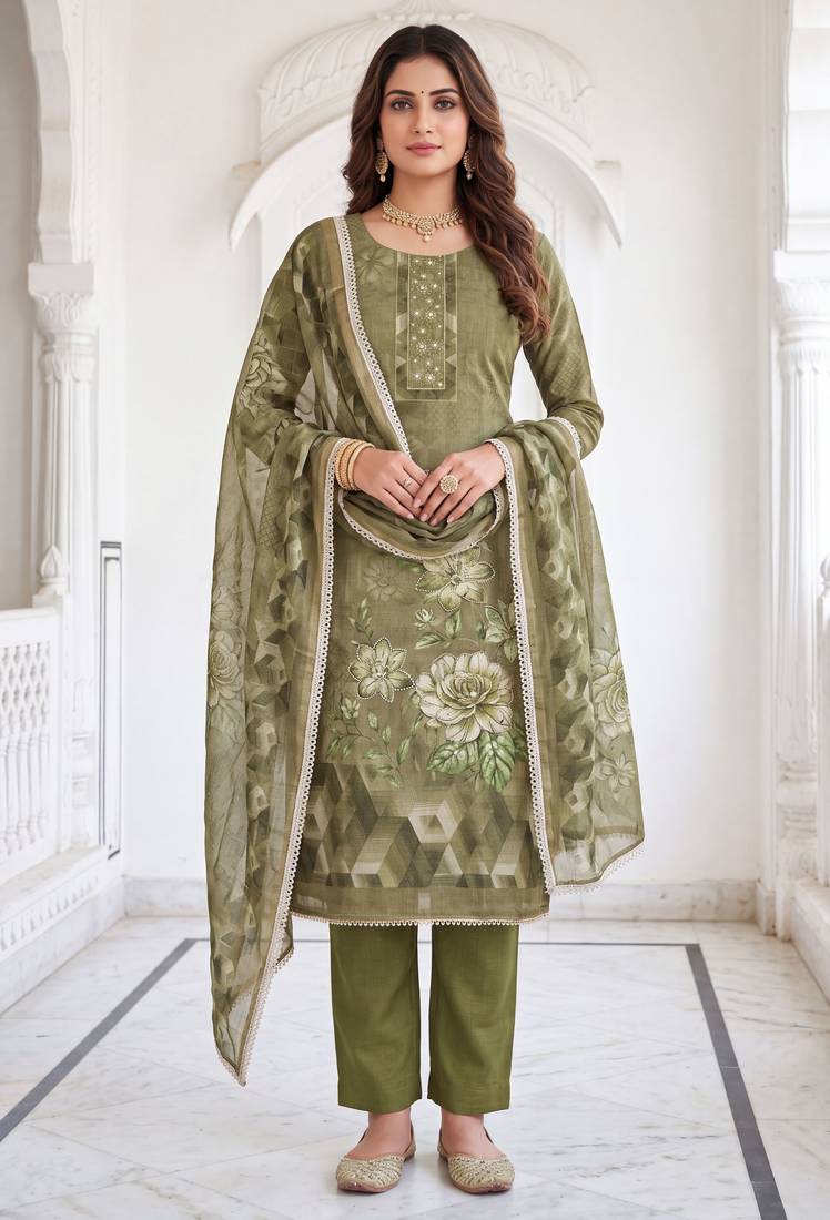 mehendi shimmer linen cotton ceremonial suit for girls