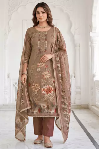 brown shimmer linen cotton ceremonial suit for girls