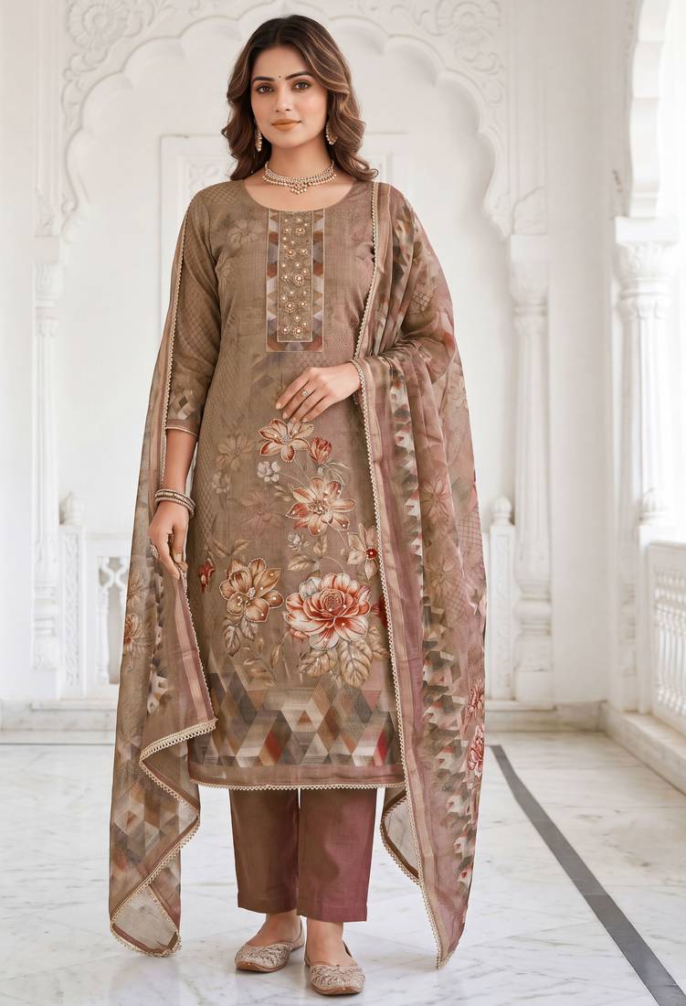 brown shimmer linen cotton ceremonial suit for girls