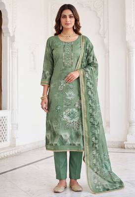 green shimmer linen cotton ceremonial suit for girls 1