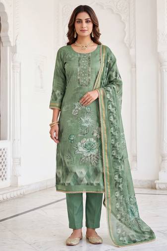 green shimmer linen cotton ceremonial suit for girls