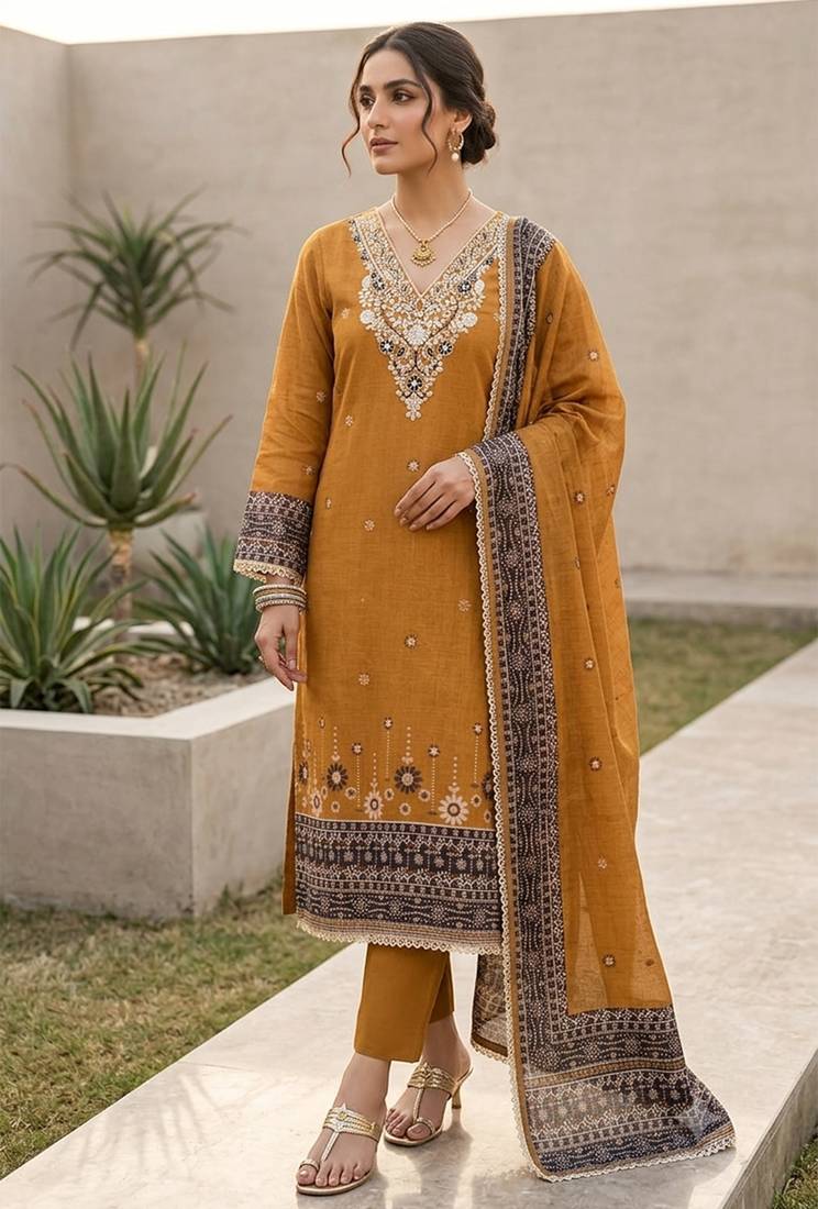 mustard banarasi cotton ethnic partywear suit for girls