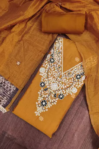 mustard banarasi cotton ethnic partywear suit for girls