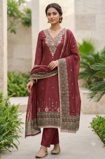 maroon banarasi cotton ethnic partywear suit for girls