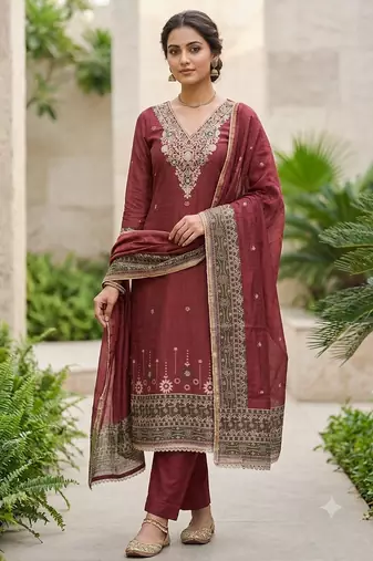 maroon banarasi cotton ethnic partywear suit for girls