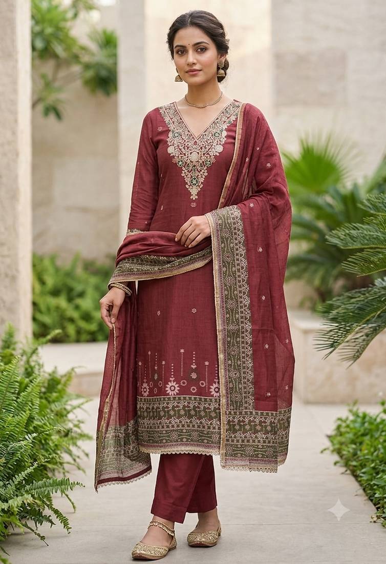 maroon banarasi cotton ethnic partywear suit for girls