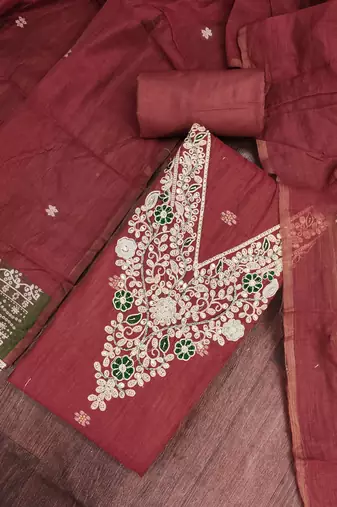 maroon banarasi cotton ethnic partywear suit for girls