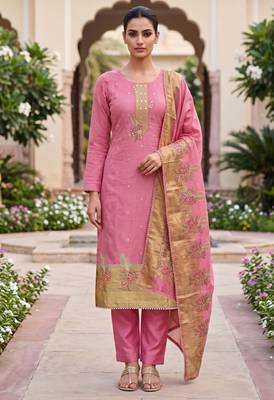 pink banarasi cotton ethnic partywear suit for girls 1