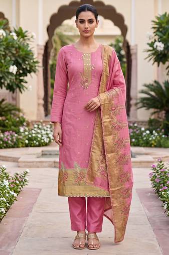 pink banarasi cotton ethnic partywear suit for girls