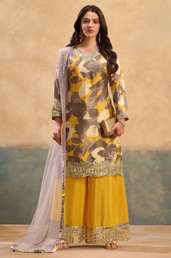 yellow chinon partywear suit