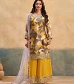 yellow chinon partywear suit
