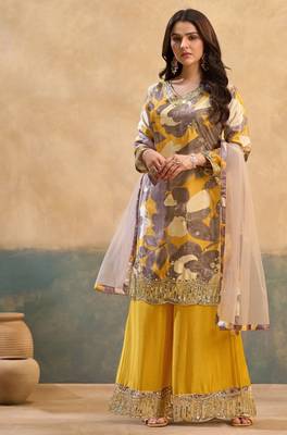 yellow chinon partywear suit 3