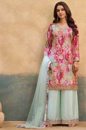 pink chinon partywear suit