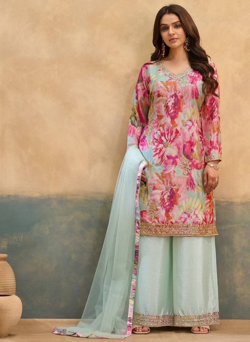 pink chinon partywear suit