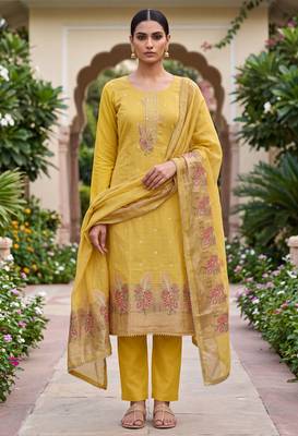 yellow banarasi cotton ethnic partywear suit for girls 1