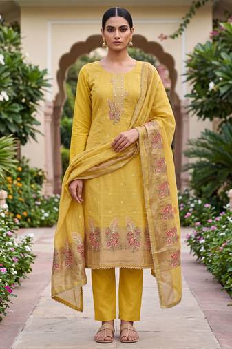 yellow banarasi cotton ethnic partywear suit for girls