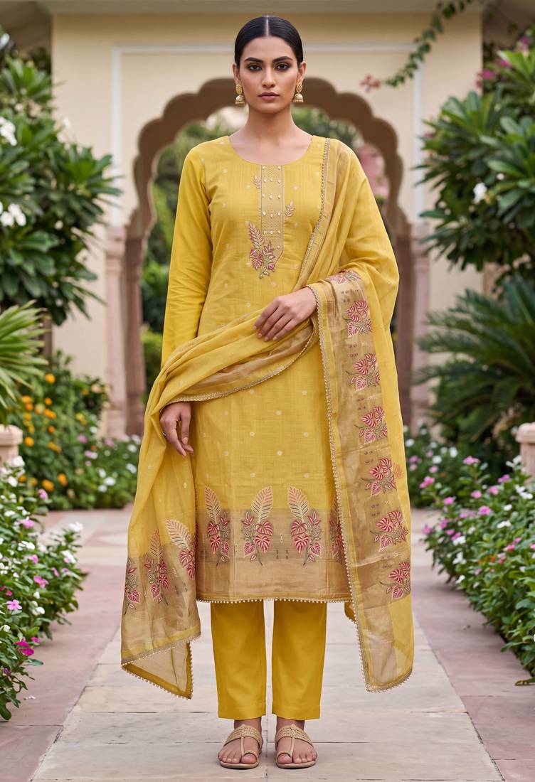 yellow banarasi cotton ethnic partywear suit for girls
