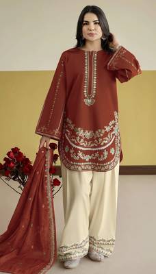 rust roman silk embroidered partywear suit for girls 1