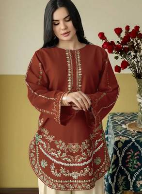 rust roman silk embroidered partywear suit for girls 2