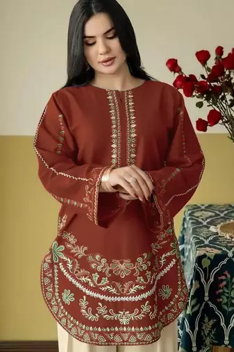rust roman silk embroidered partywear suit for girls