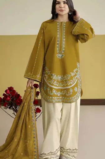 mustard roman silk embroidered partywear suit for girls