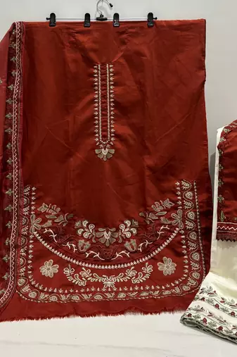 rust roman silk embroidered partywear suit for girls