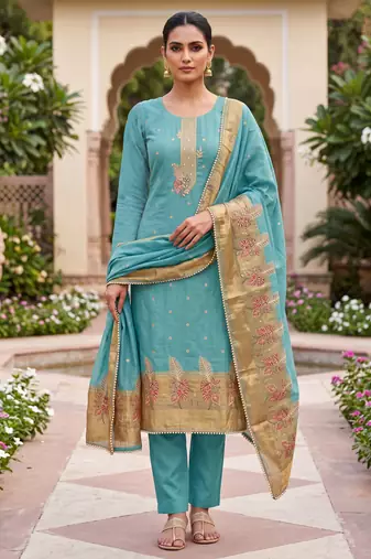sky blue banarasi cotton ethnic partywear suit for girls