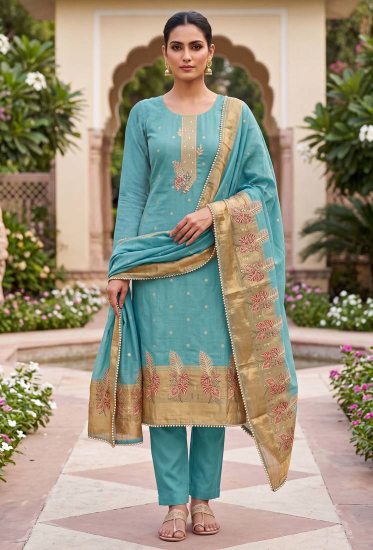 sky blue banarasi cotton ethnic partywear suit for girls
