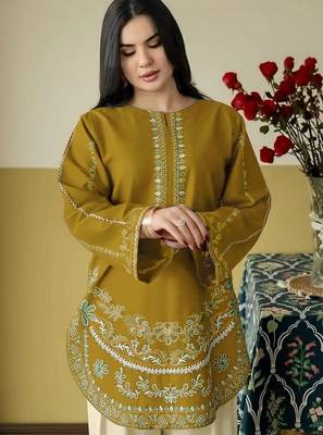 mustard roman silk embroidered partywear suit for girls 2