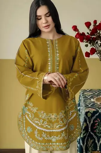 mustard roman silk embroidered partywear suit for girls
