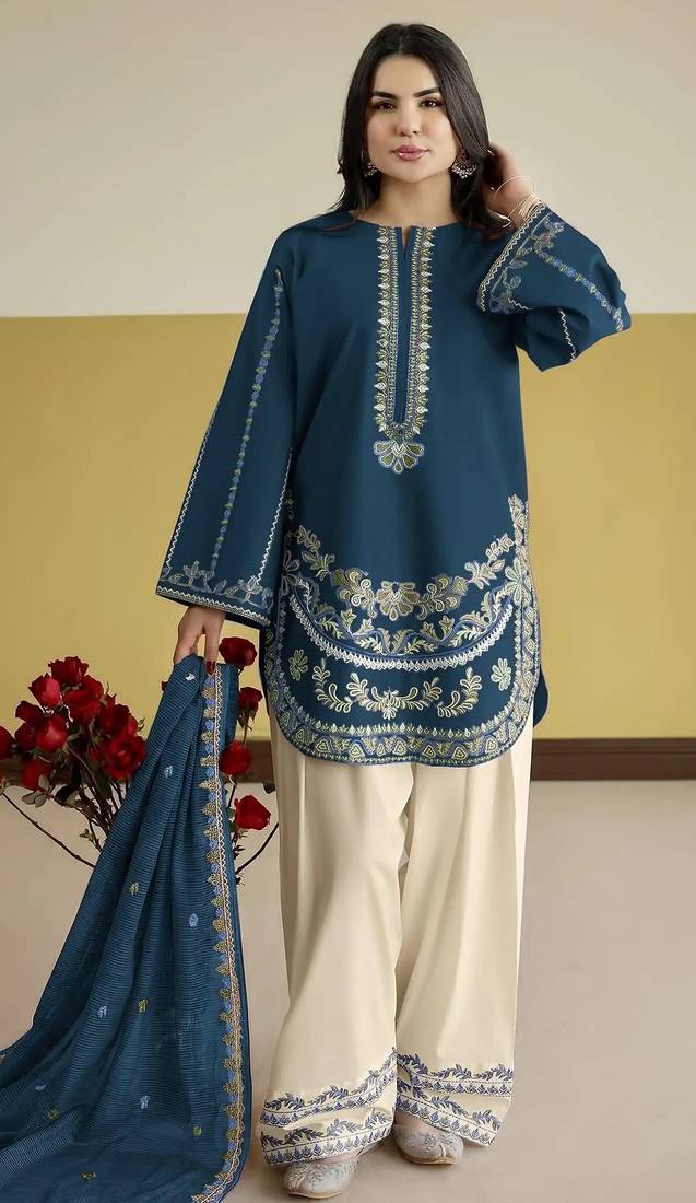 teal blue roman silk embroidered partywear suit for girls