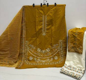 mustard roman silk embroidered partywear suit for girls 3