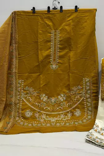 mustard roman silk embroidered partywear suit for girls
