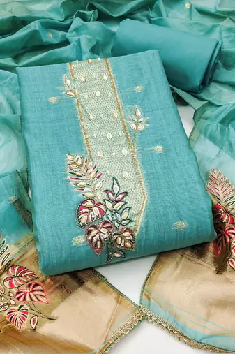 sky blue banarasi cotton ethnic partywear suit for girls
