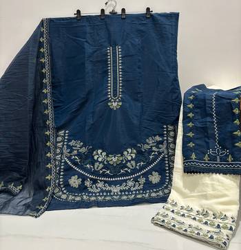 teal blue roman silk embroidered partywear suit for girls 3