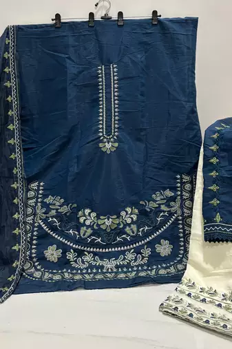 teal blue roman silk embroidered partywear suit for girls