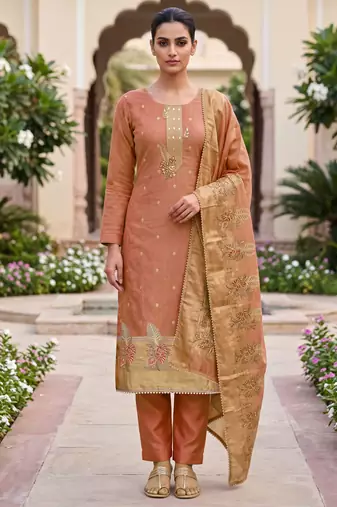 rust banarasi cotton ethnic partywear suit for girls