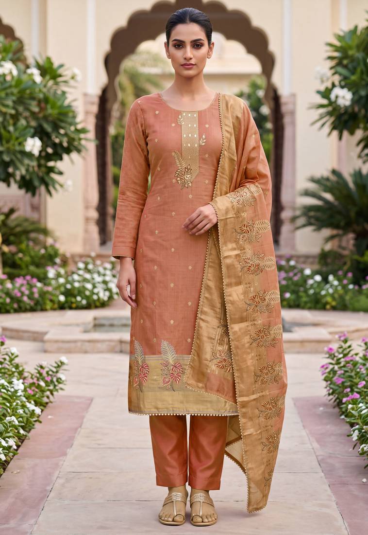 rust banarasi cotton ethnic partywear suit for girls