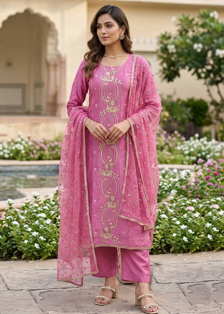 pink chanderi fancy partywear salwar kameez