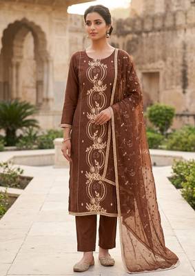 brown chanderi fancy partywear salwar kameez 1