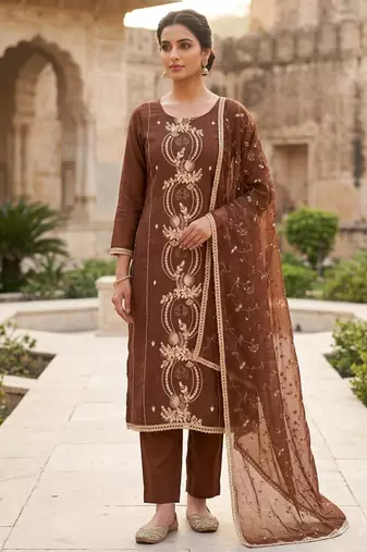 brown chanderi fancy partywear salwar kameez