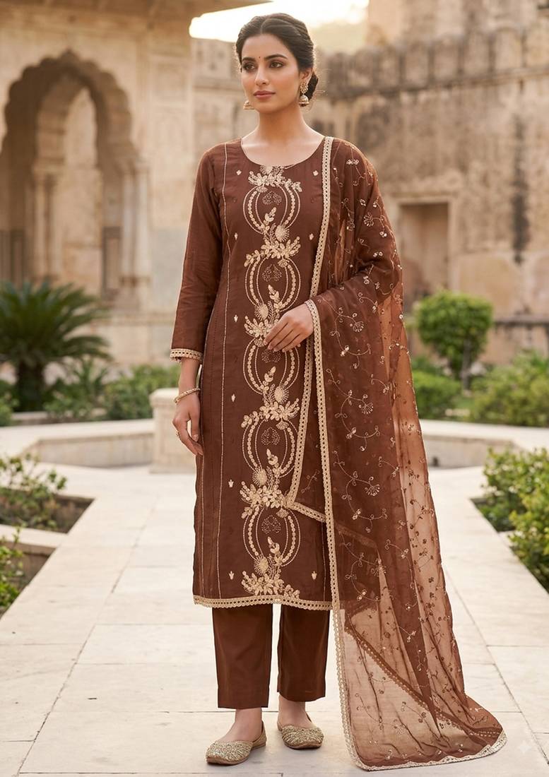 brown chanderi fancy partywear salwar kameez