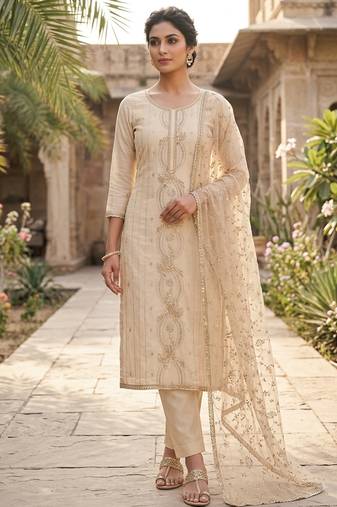 cream chanderi fancy partywear salwar kameez