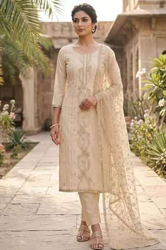 cream chanderi fancy partywear salwar kameez