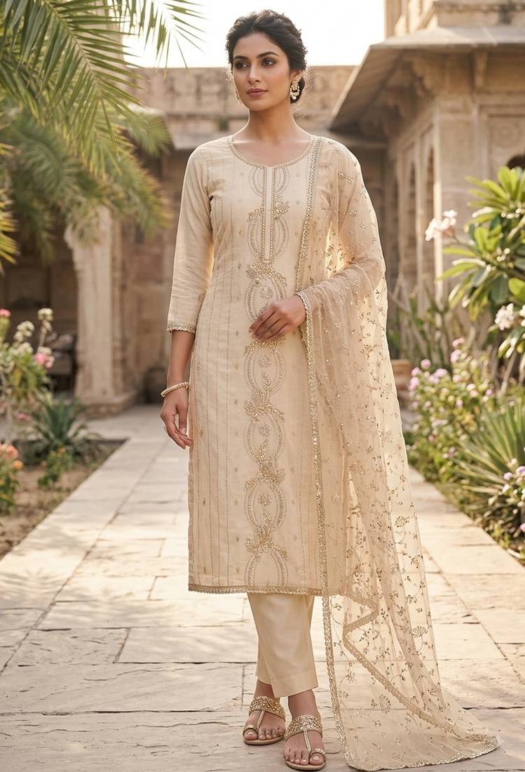 cream chanderi fancy partywear salwar kameez