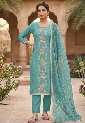 sky blue chanderi fancy partywear salwar kameez 1