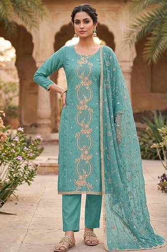 sky blue chanderi fancy partywear salwar kameez